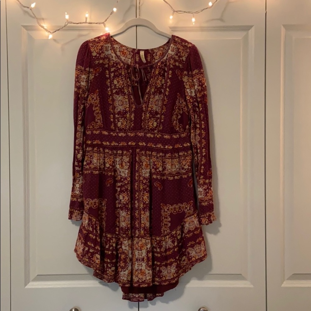 Free People Burgundy Floral Long Sleeve Dress